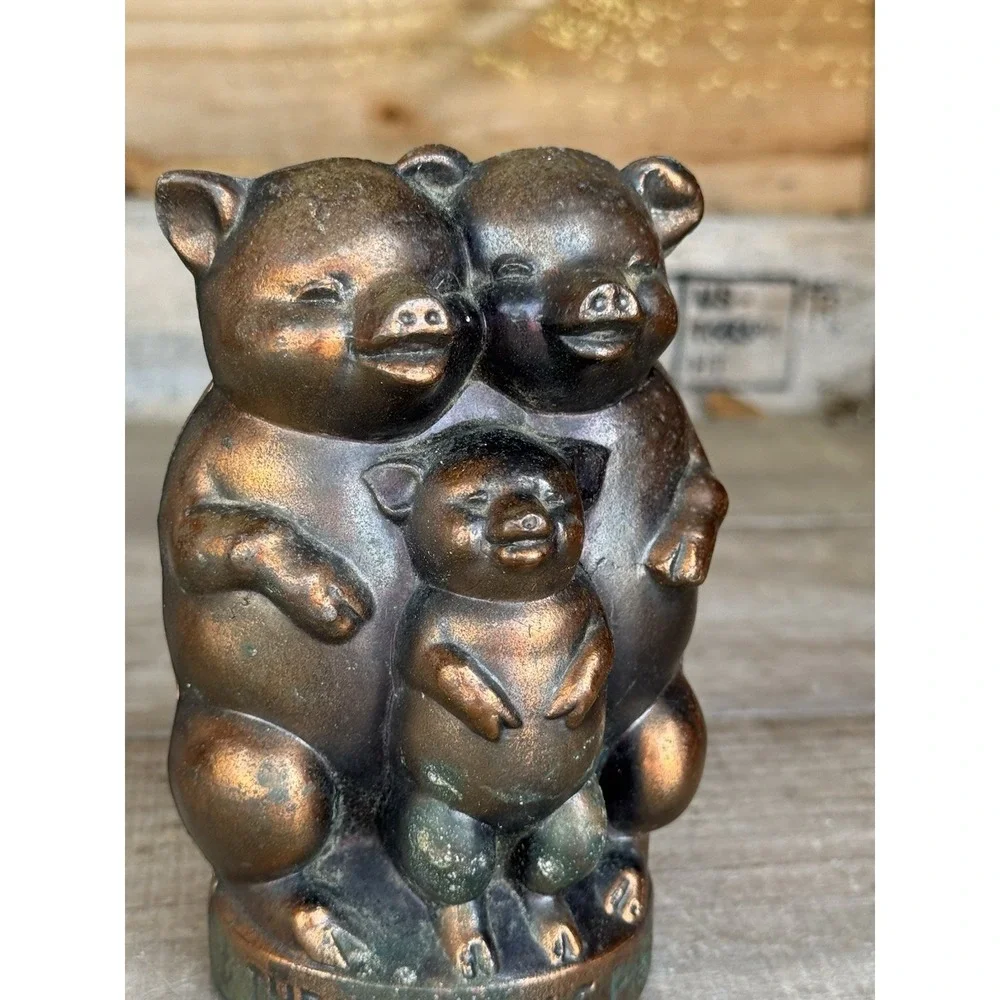 Vintage Three Little Pigs Cast Metal Piggy Bank Coin Worn Copper Tone Finish USA